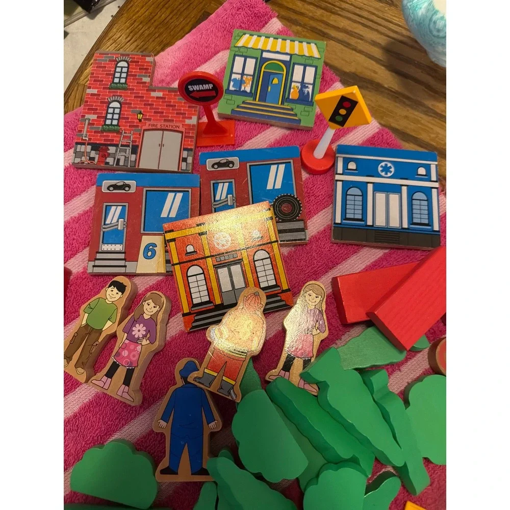 Wooden Town Building Set Figures Trees Signs Fire Station Hospital Blocks 51 Pc